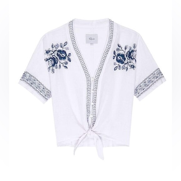 RAILS “Thea Embroidered Tie-Front Top” White w/ Blue Floral Embroidery *NWOT!🎁* - Picture 1 of 6